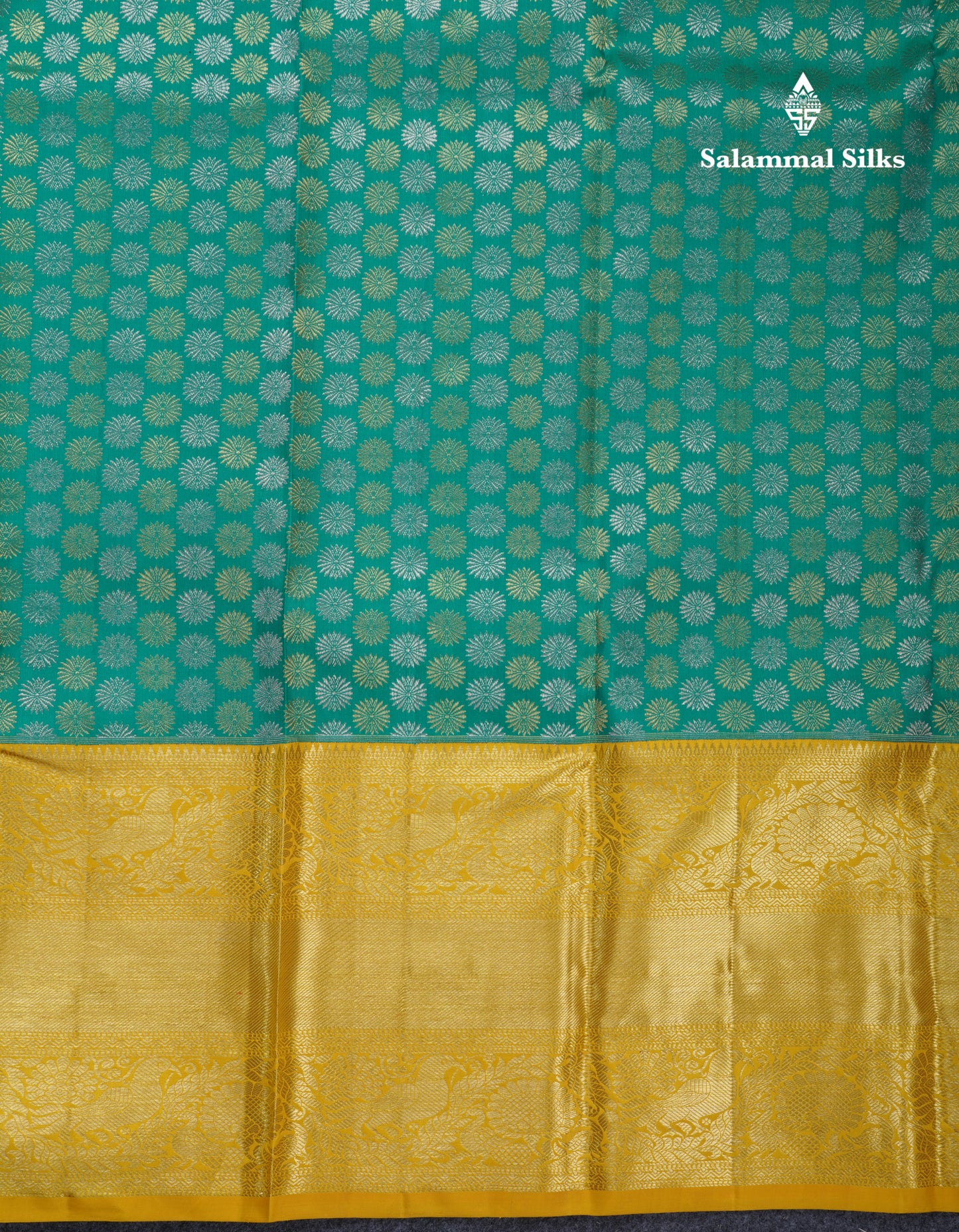 Saffire Green Bridal Pure Kanjivaram Silk Saree With Contrast Yellow Traditional Evening Morning Border