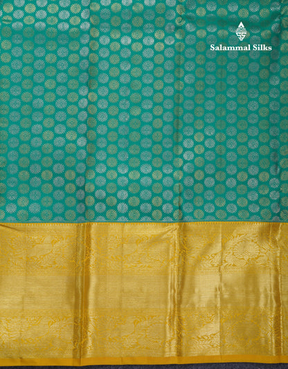 Saffire Green Bridal Pure Kanjivaram Silk Saree With Contrast Yellow Traditional Evening Morning Border