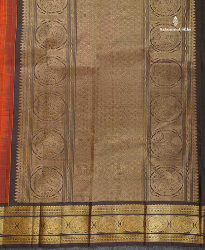 Pure Kanjivaram Silk Saree - Rust Orange Colour Body Checks With Butta & Contrast Dark Brown Traditional Border