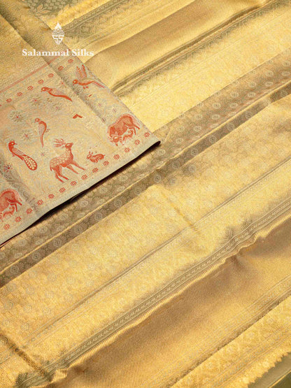 Beautiful Elaichi Green Tissue Bridal Pure Kanjivaram Silk Saree With Fancy Forest Theme Based Fancy Border