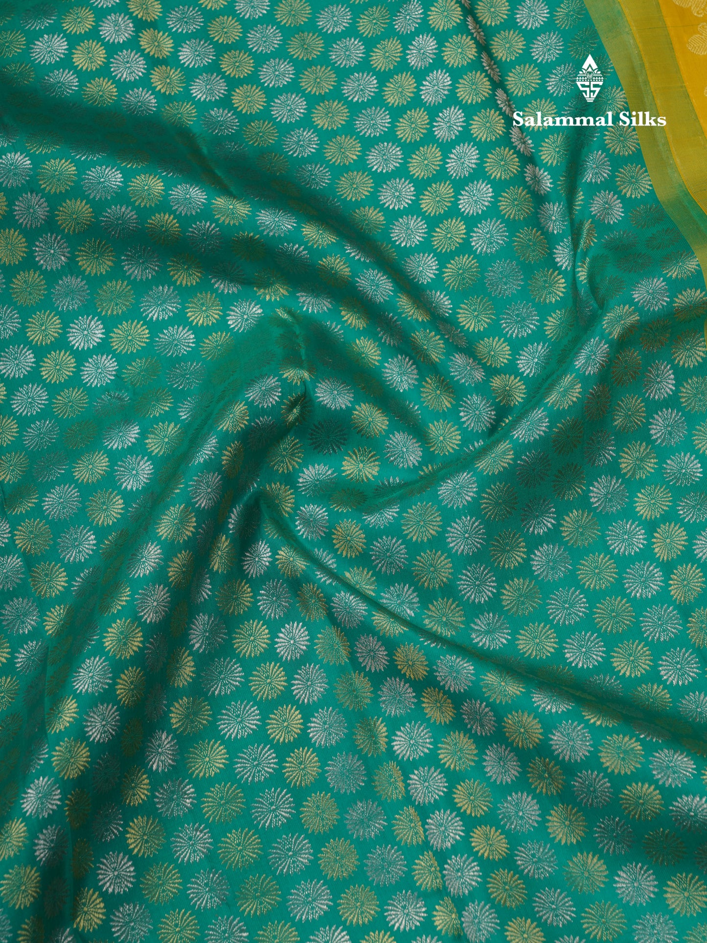 Saffire Green Bridal Pure Kanjivaram Silk Saree With Contrast Yellow Traditional Evening Morning Border