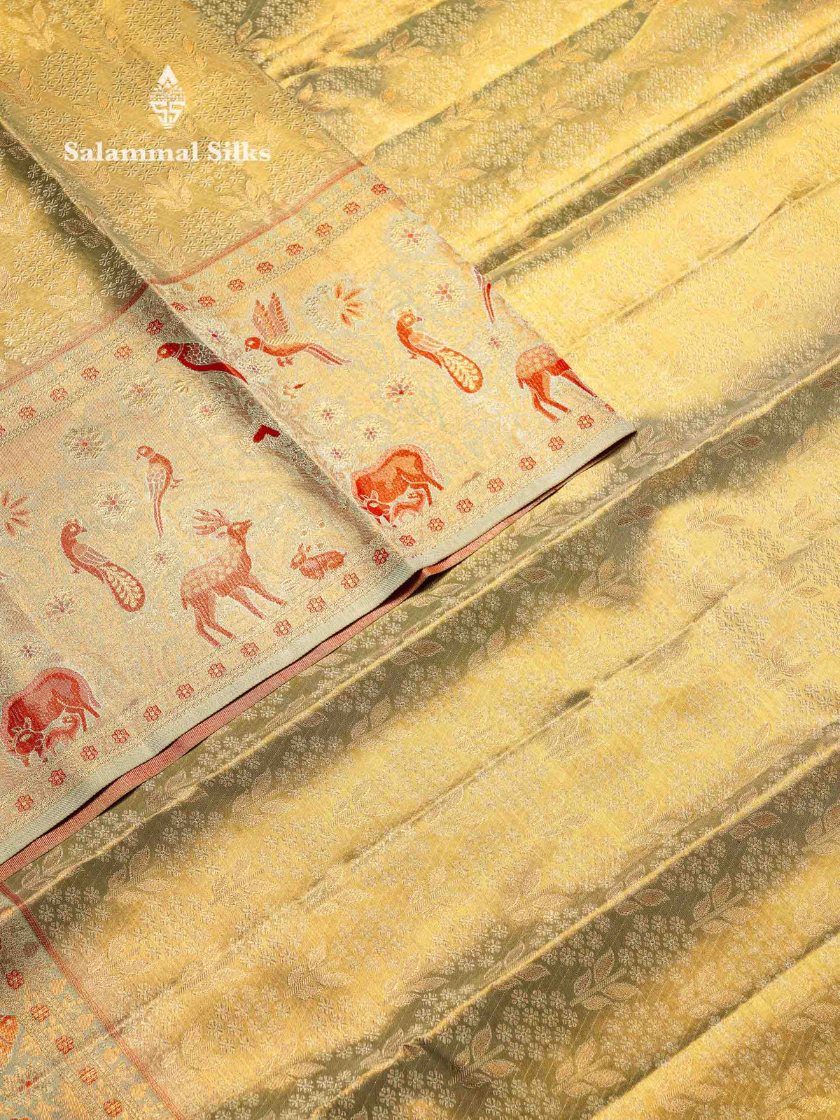 Beautiful Elaichi Green Tissue Bridal Pure Kanjivaram Silk Saree With Fancy Forest Theme Based Fancy Border