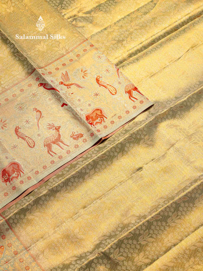 Beautiful Elaichi Green Tissue Bridal Pure Kanjivaram Silk Saree With Fancy Forest Theme Based Fancy Border