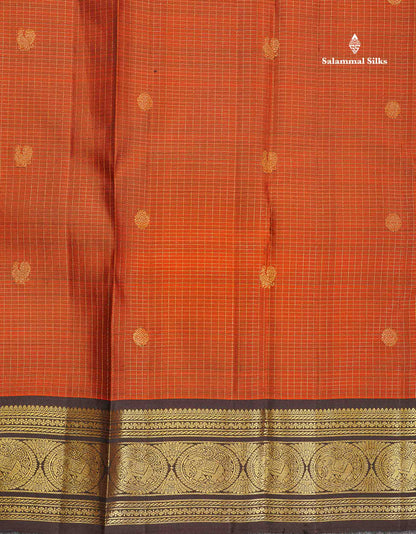 Pure Kanjivaram Silk Saree - Rust Orange Colour Body Checks With Butta & Contrast Dark Brown Traditional Border