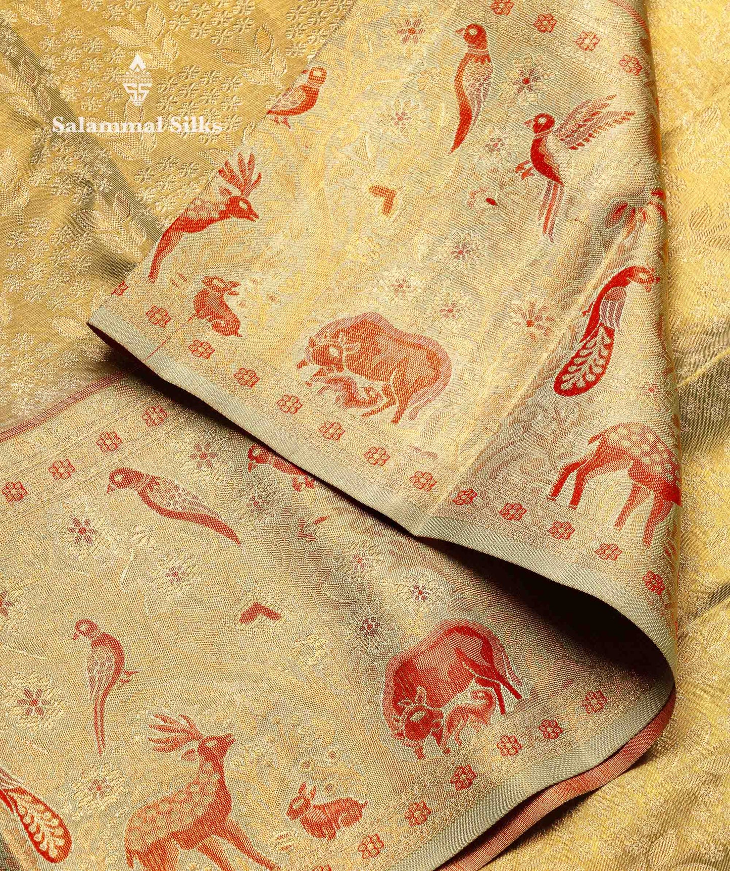 Beautiful Elaichi Green Tissue Bridal Pure Kanjivaram Silk Saree With Fancy Forest Theme Based Fancy Border