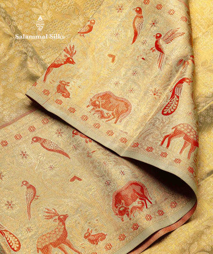Beautiful Elaichi Green Tissue Bridal Pure Kanjivaram Silk Saree With Fancy Forest Theme Based Fancy Border