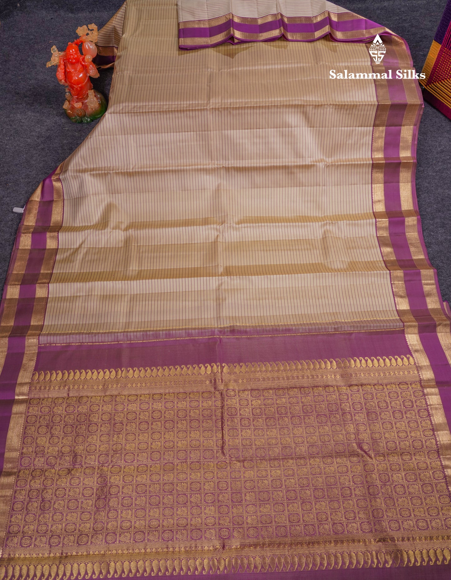 Beautiful Cream Sandal Pure Kanjivaram Silk Saree With Contrast Purple Traditional Rettapet Border