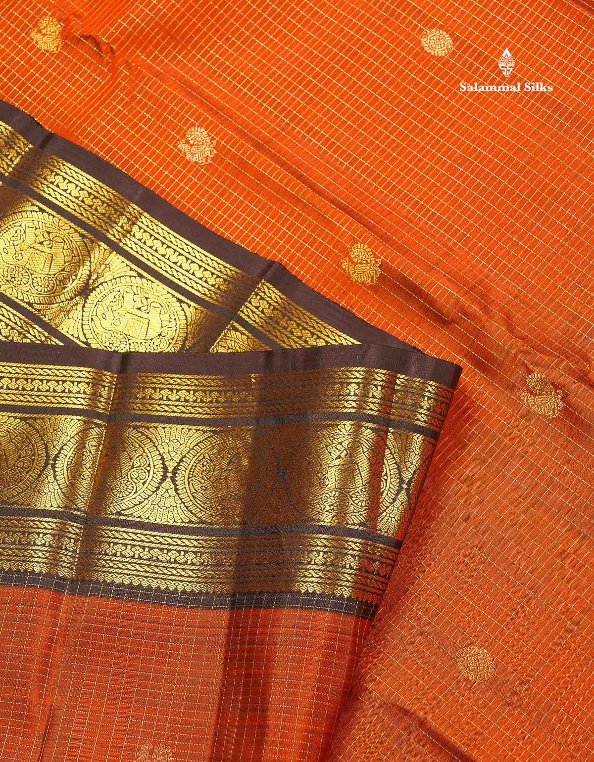 Pure Kanjivaram Silk Saree - Rust Orange Colour Body Checks With Butta & Contrast Dark Brown Traditional Border