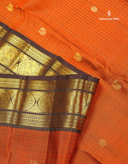 Pure Kanjivaram Silk Saree - Rust Orange Colour Body Checks With Butta & Contrast Dark Brown Traditional Border