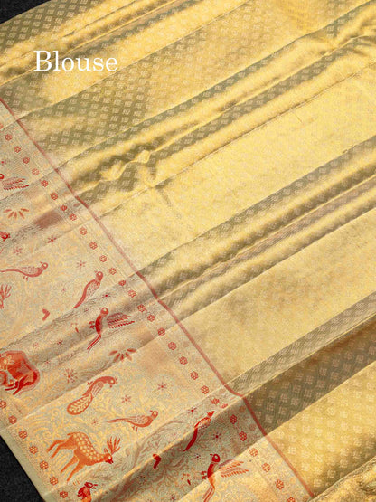 Beautiful Elaichi Green Tissue Bridal Pure Kanjivaram Silk Saree With Fancy Forest Theme Based Fancy Border