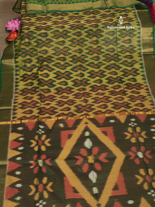 Premium Light Elachi Green Pochampalli SICO Cotton Saree With Gold Zari Border