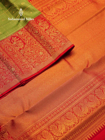 Beautiful Parrot Green Bridal Pure Kanjivaram Silk Saree With Contrast Red Traditional Evening Morning Border