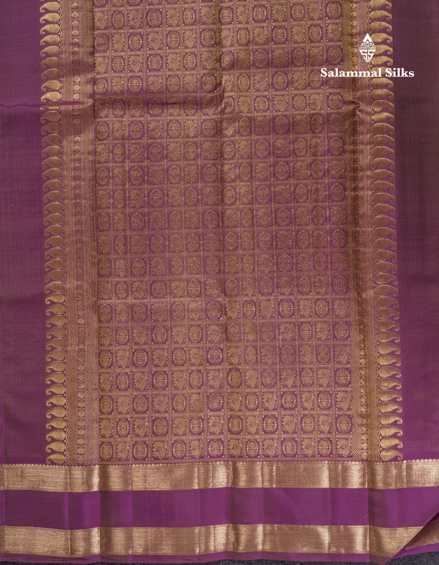 Beautiful Cream Sandal Pure Kanjivaram Silk Saree With Contrast Purple Traditional Rettapet Border