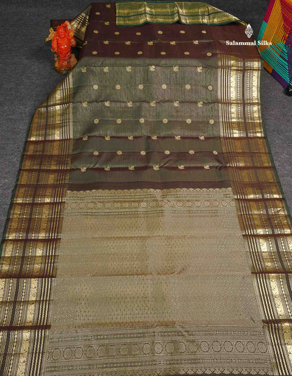 Pure Kanjivaram Silk Saree - Dual Tone Olive Green Colour Body Vaira Oosi Lines With Butta  & Traditional Long Border