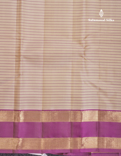 Beautiful Cream Sandal Pure Kanjivaram Silk Saree With Contrast Purple Traditional Rettapet Border