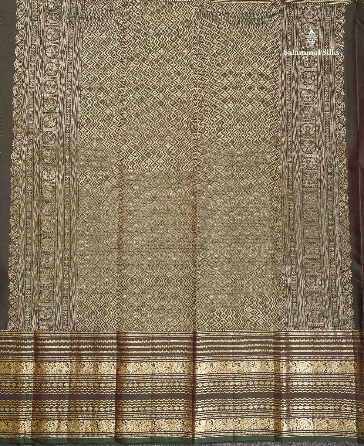 Pure Kanjivaram Silk Saree - Dual Tone Olive Green Colour Body Vaira Oosi Lines With Butta  & Traditional Long Border