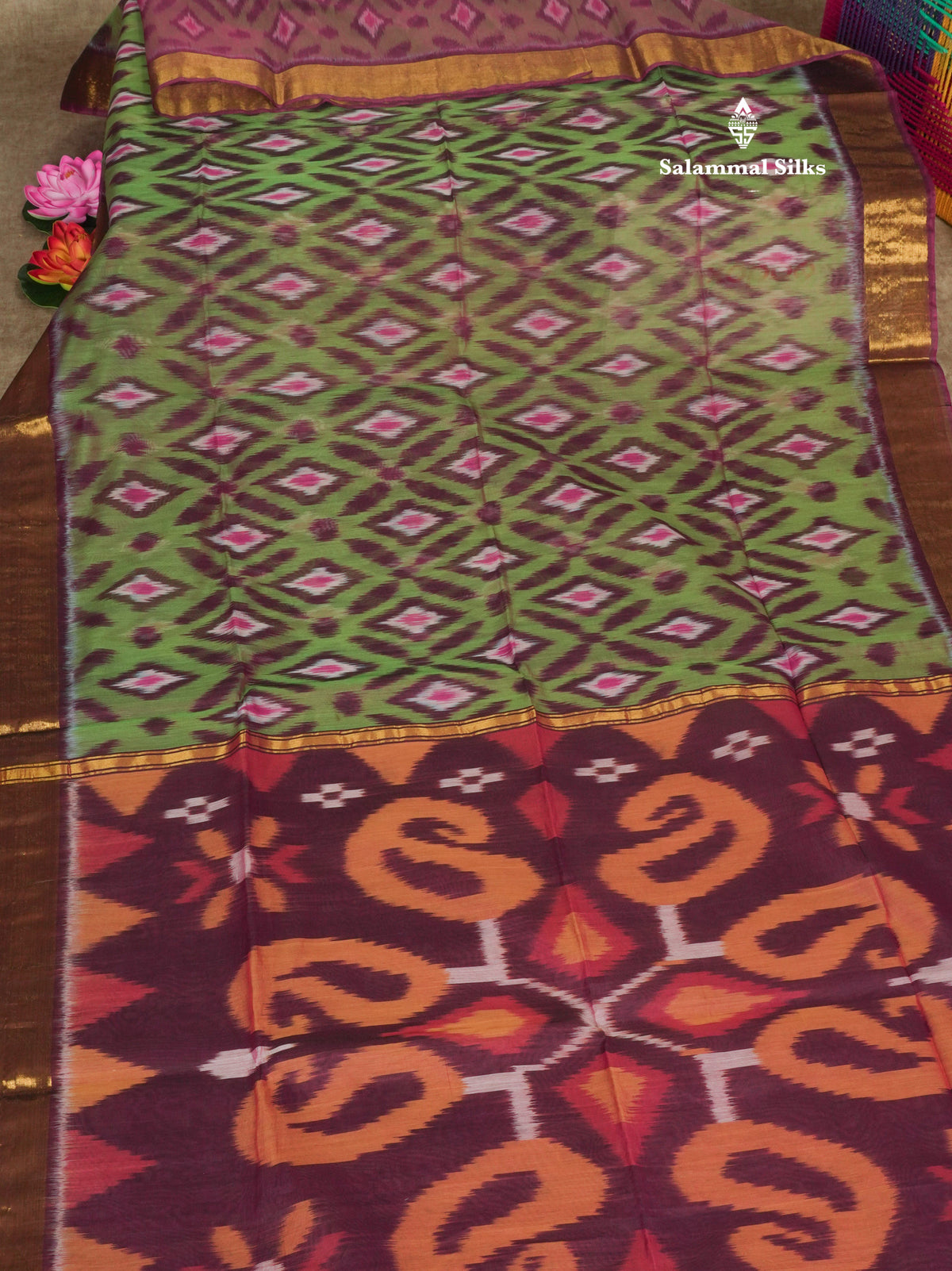 Premium Light Green Pochampalli SICO Cotton Saree With Contrast Violet Border