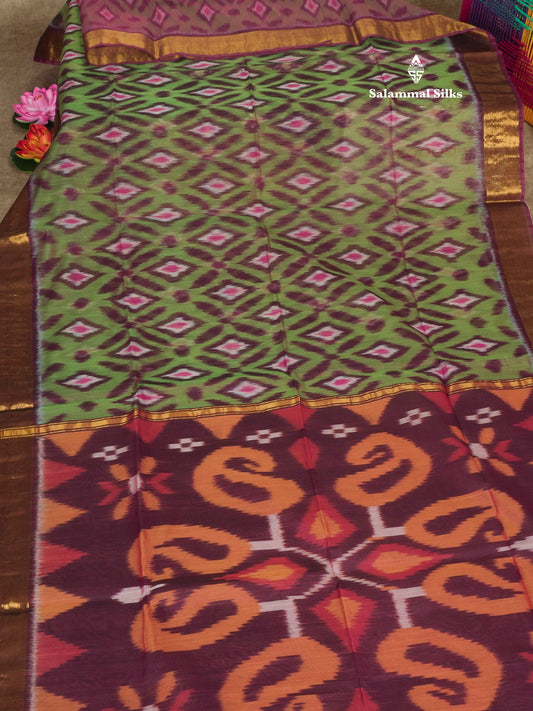 Premium Light Green Pochampalli SICO Cotton Saree With Contrast Violet Border