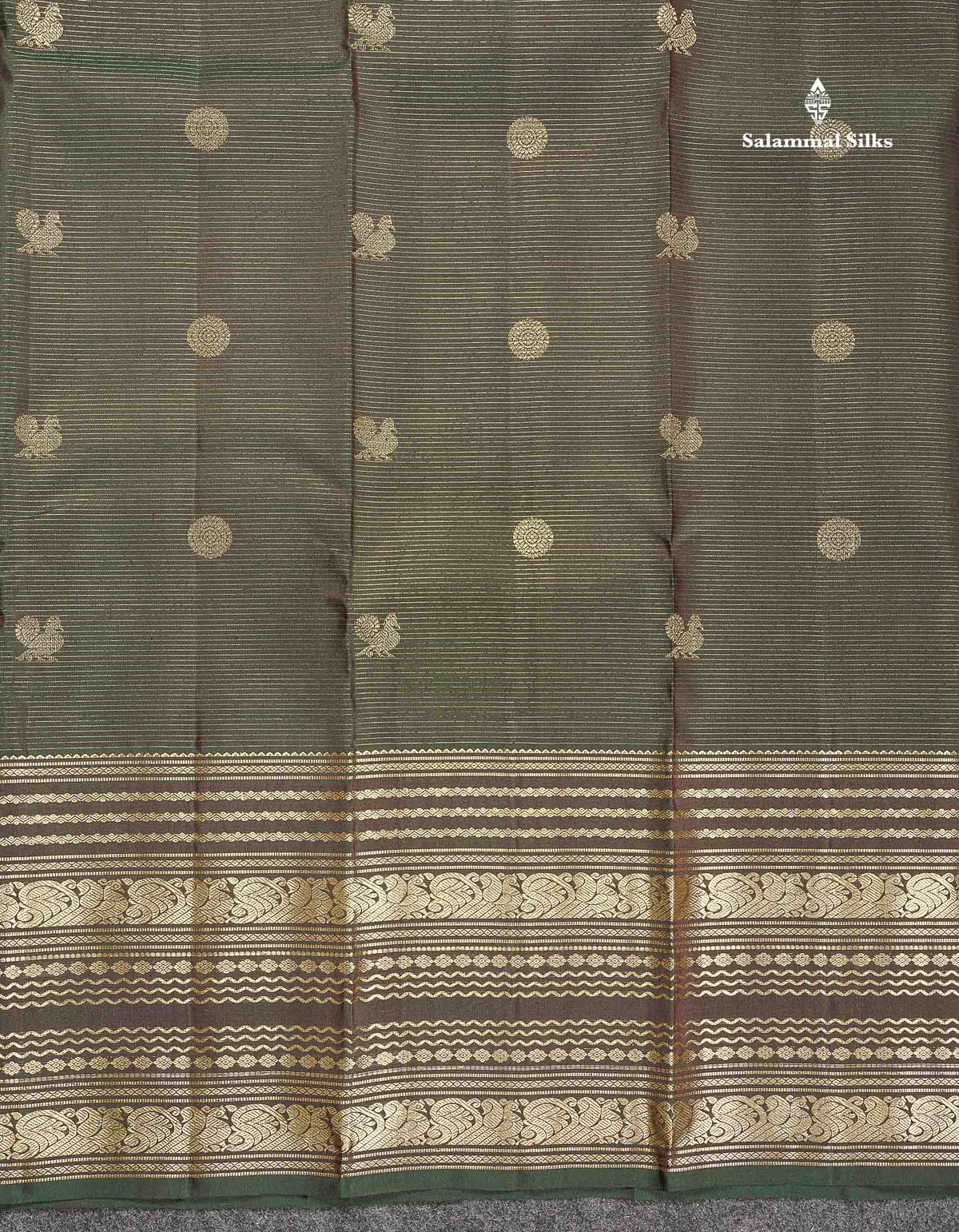 Pure Kanjivaram Silk Saree - Dual Tone Olive Green Colour Body Vaira Oosi Lines With Butta  & Traditional Long Border