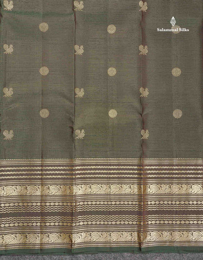 Pure Kanjivaram Silk Saree - Dual Tone Olive Green Colour Body Vaira Oosi Lines With Butta  & Traditional Long Border