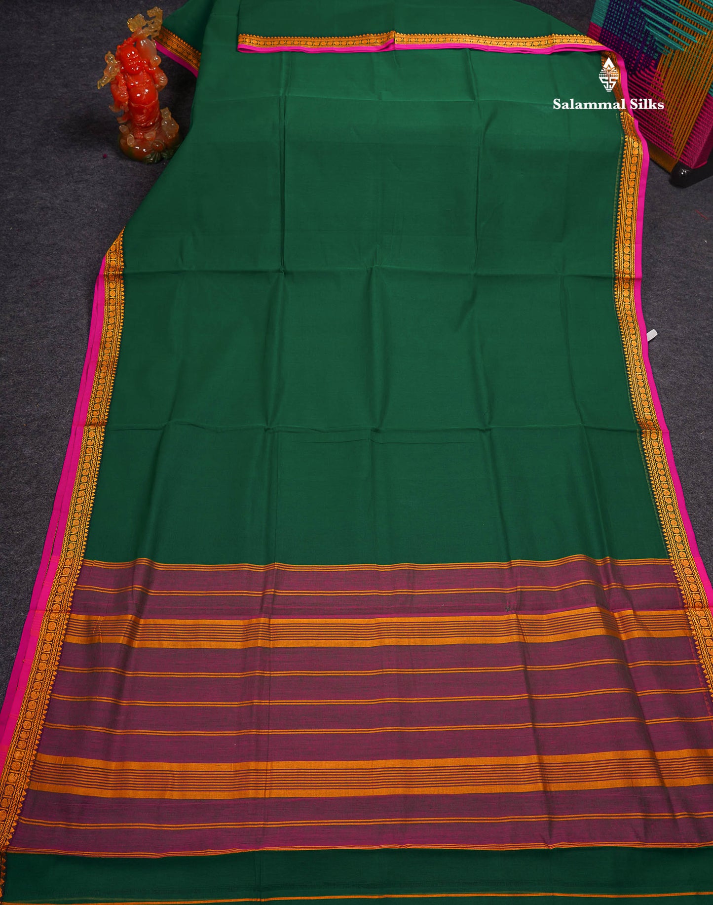 Beautiful Redish Maroon Plain Pure Cotton Saree With Contrast Dual Tone Bottle Green Thread Work Traditional Small Border