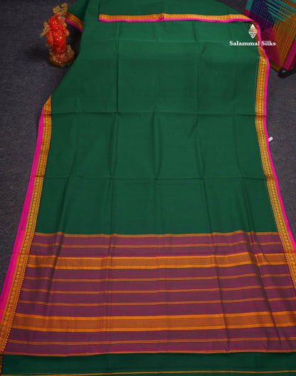 Beautiful Redish Maroon Plain Pure Cotton Saree With Contrast Dual Tone Bottle Green Thread Work Traditional Small Border