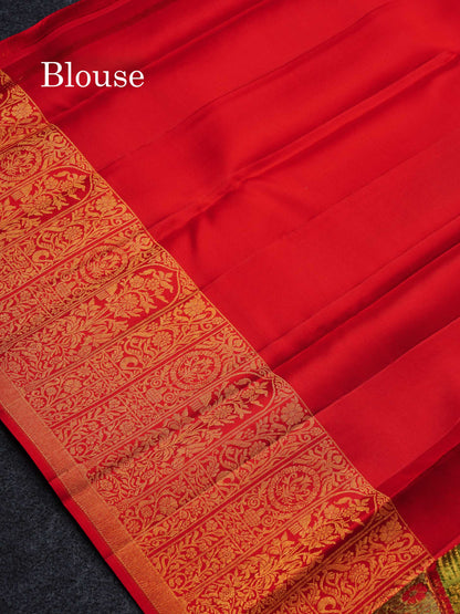Beautiful Parrot Green Bridal Pure Kanjivaram Silk Saree With Contrast Red Traditional Evening Morning Border