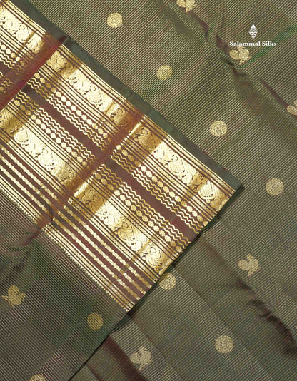 Pure Kanjivaram Silk Saree - Dual Tone Olive Green Colour Body Vaira Oosi Lines With Butta  & Traditional Long Border