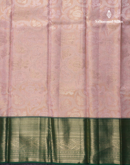 Peach Tissue Bridal Pure Kanjivaram Silk Saree With Contrast Bottle Green Border