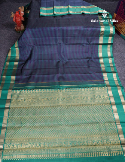 Beautiful Navy Blue Pure Kanjivaram Silk Saree With Contrast Sapphire Green Traditional Rettapet Border