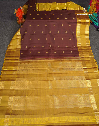 2G Zari Kanjivaram Silk Saree - Brown Colour Body Butta With Contrast Mehandi Green Gap Border