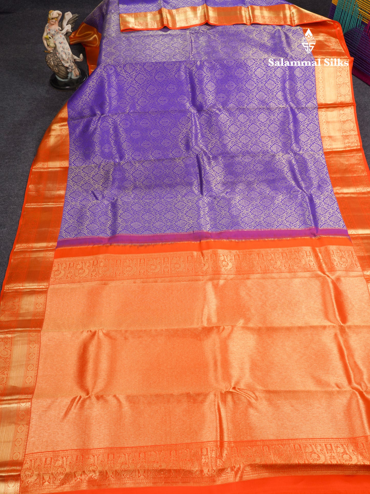 Violet Bridal Pure Kanjivaram Silk Saree With Contrast Orange Traditional Border