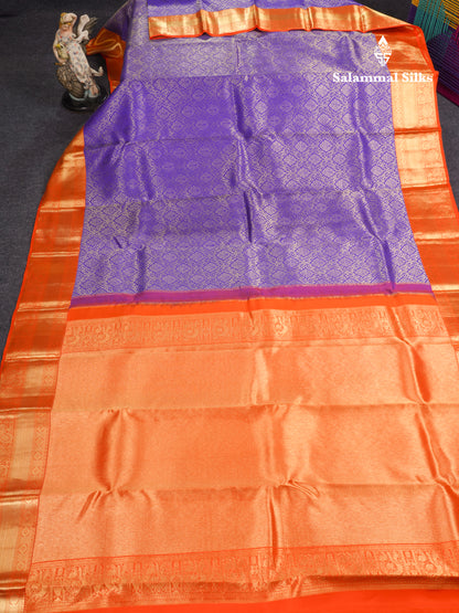 Violet Bridal Pure Kanjivaram Silk Saree With Contrast Orange Traditional Border