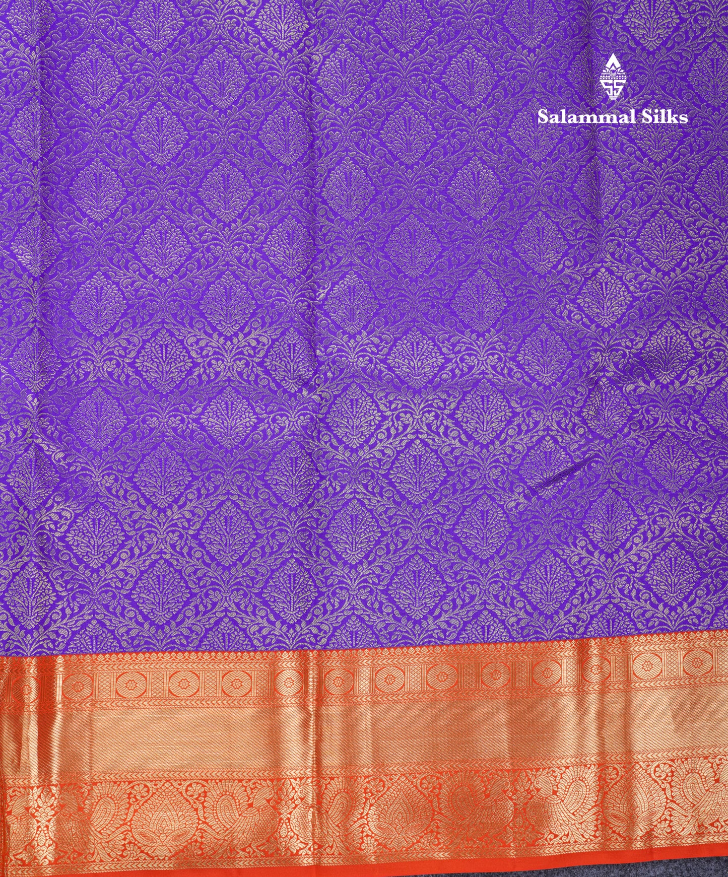 Violet Bridal Pure Kanjivaram Silk Saree With Contrast Orange Traditional Border