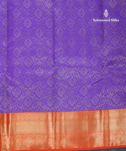 Violet Bridal Pure Kanjivaram Silk Saree With Contrast Orange Traditional Border