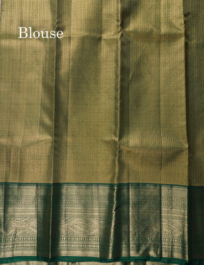 Peach Tissue Bridal Pure Kanjivaram Silk Saree With Contrast Bottle Green Border