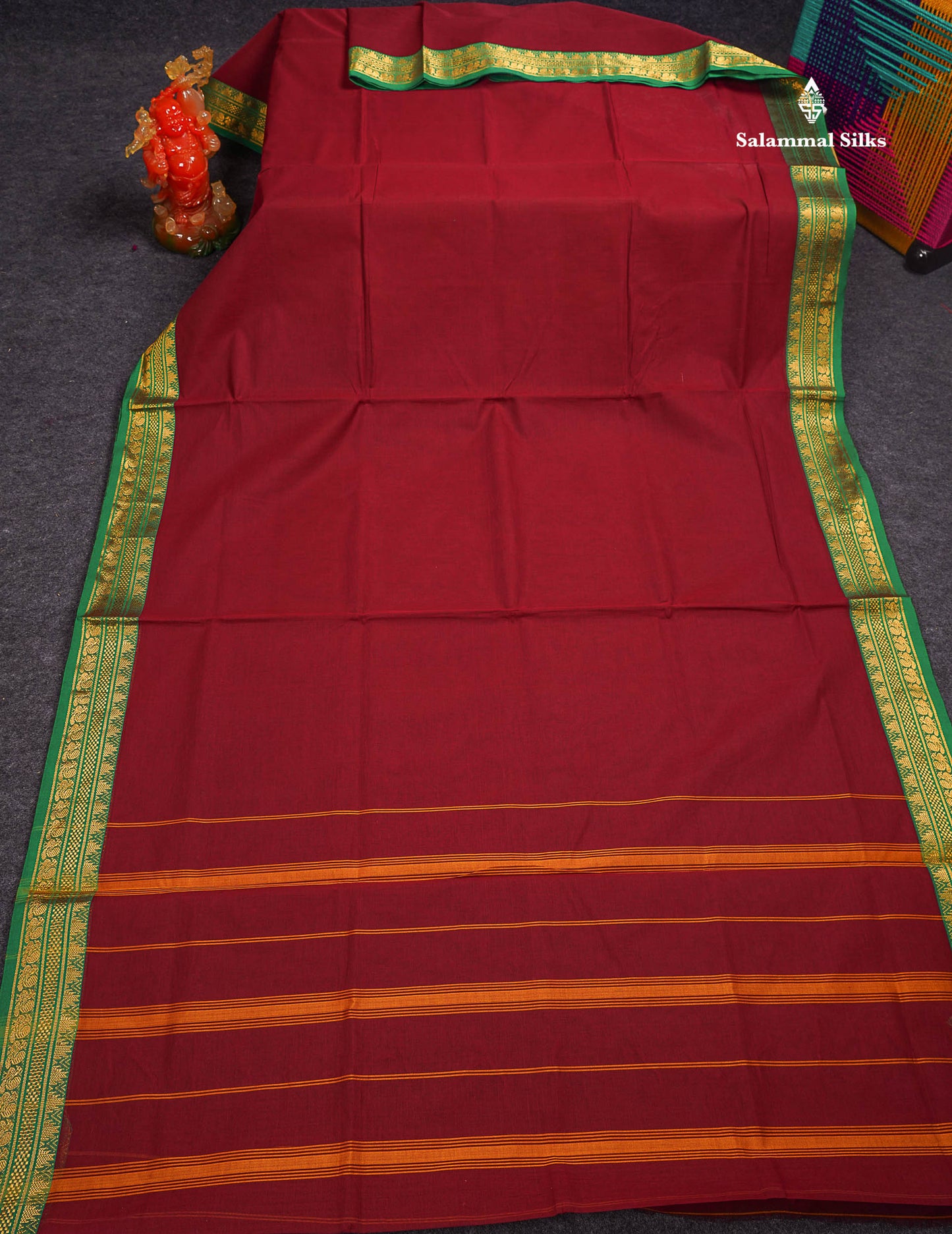 Beautiful Maroon Plain Pure Cotton Saree With Contrast Green Traditional Border