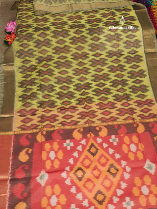Premium Parrot Green Pochampalli SICO Cotton Saree With Gold Zari Border