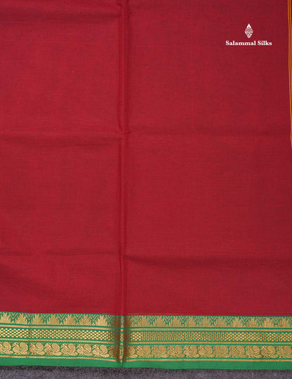 Beautiful Maroon Plain Pure Cotton Saree With Contrast Green Traditional Border