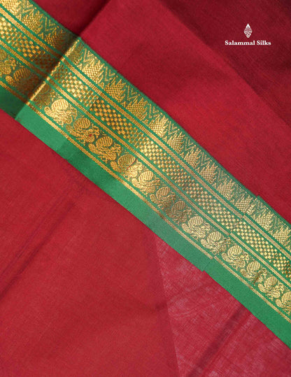 Beautiful Maroon Plain Pure Cotton Saree With Contrast Green Traditional Border