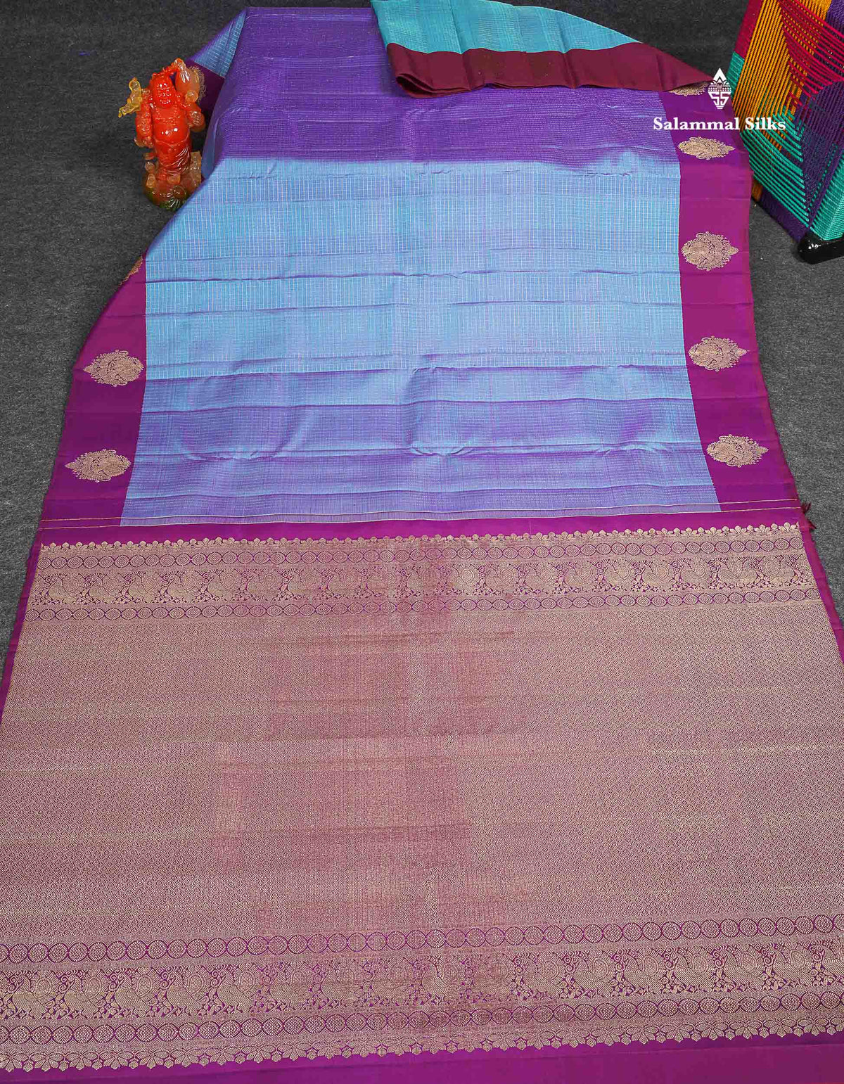 Pure Kanjivaram Silk Saree - Dual Tone Blue Colour Body Checks With Contrast Magenta Fancy Border