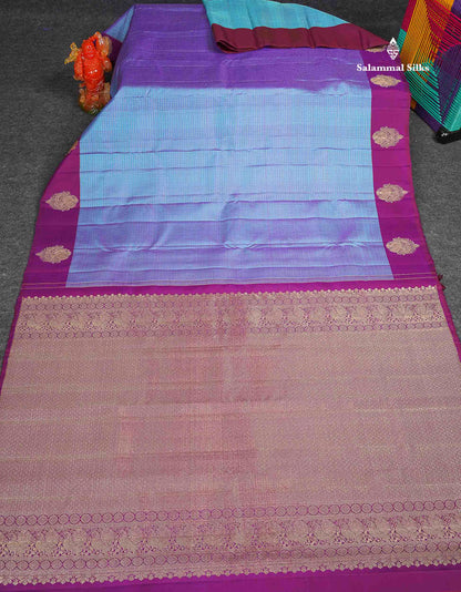 Pure Kanjivaram Silk Saree - Dual Tone Blue Colour Body Checks With Contrast Magenta Fancy Border