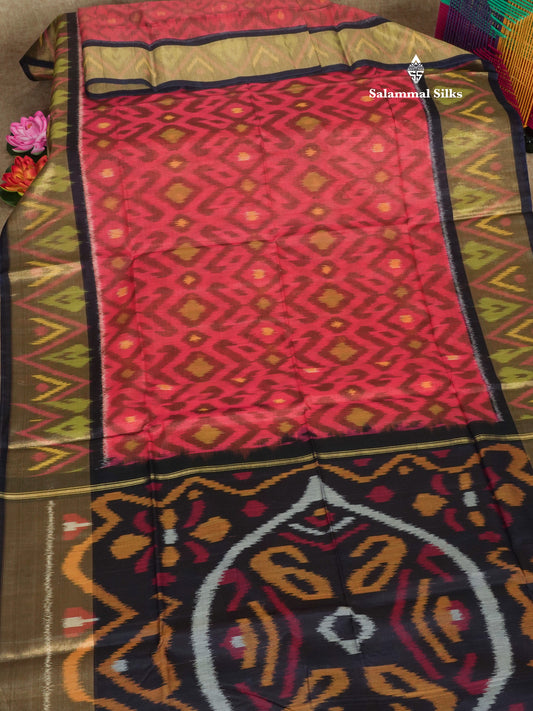 Premium Light Maroon Pochampalli SICO Cotton Saree With Contrast Tissue Navy Blue Border