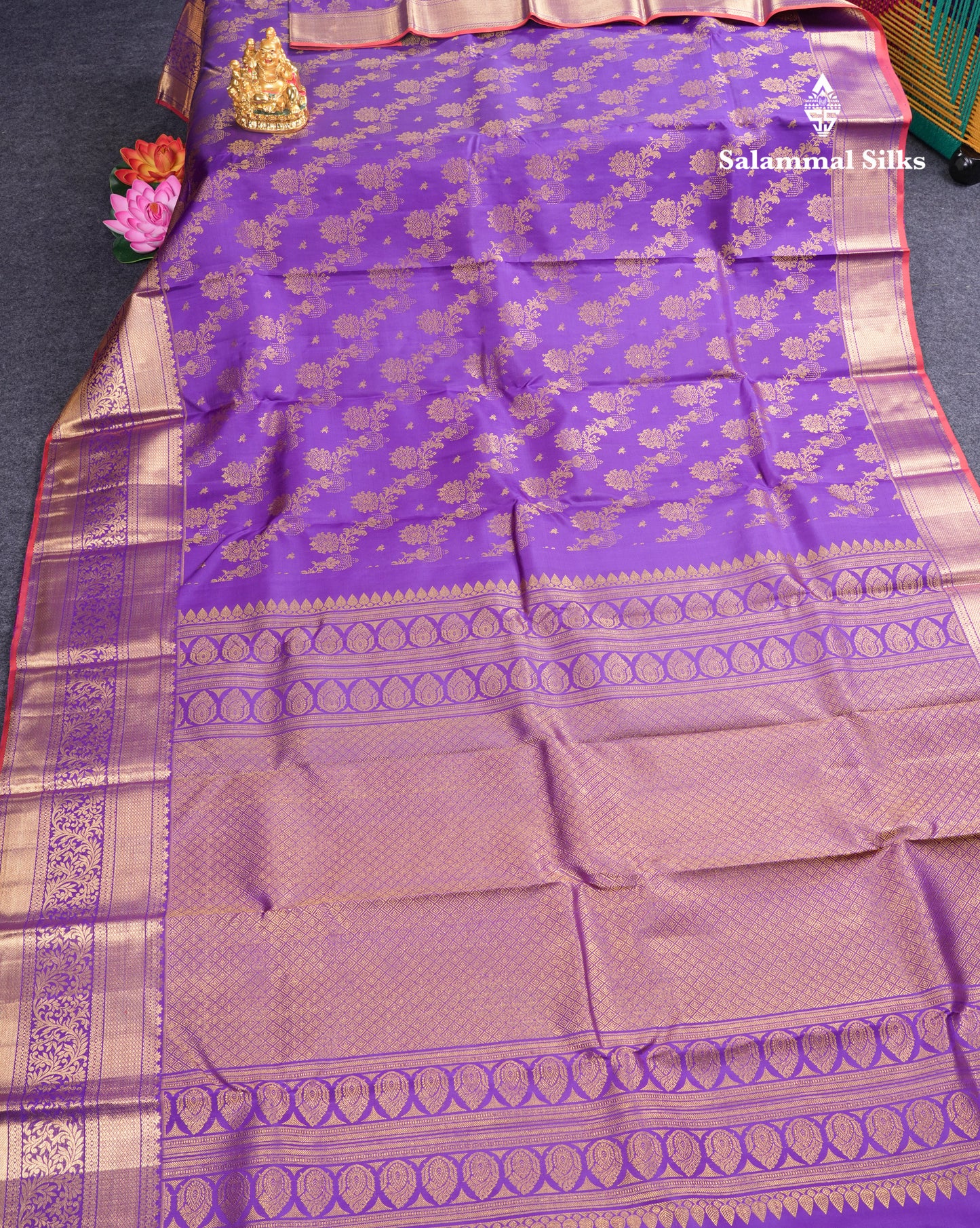 Lavender Bridal Pure Kanjivaram Silk Saree With Contrast Rust Orange Blouse