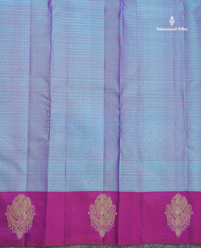 Pure Kanjivaram Silk Saree - Dual Tone Blue Colour Body Checks With Contrast Magenta Fancy Border