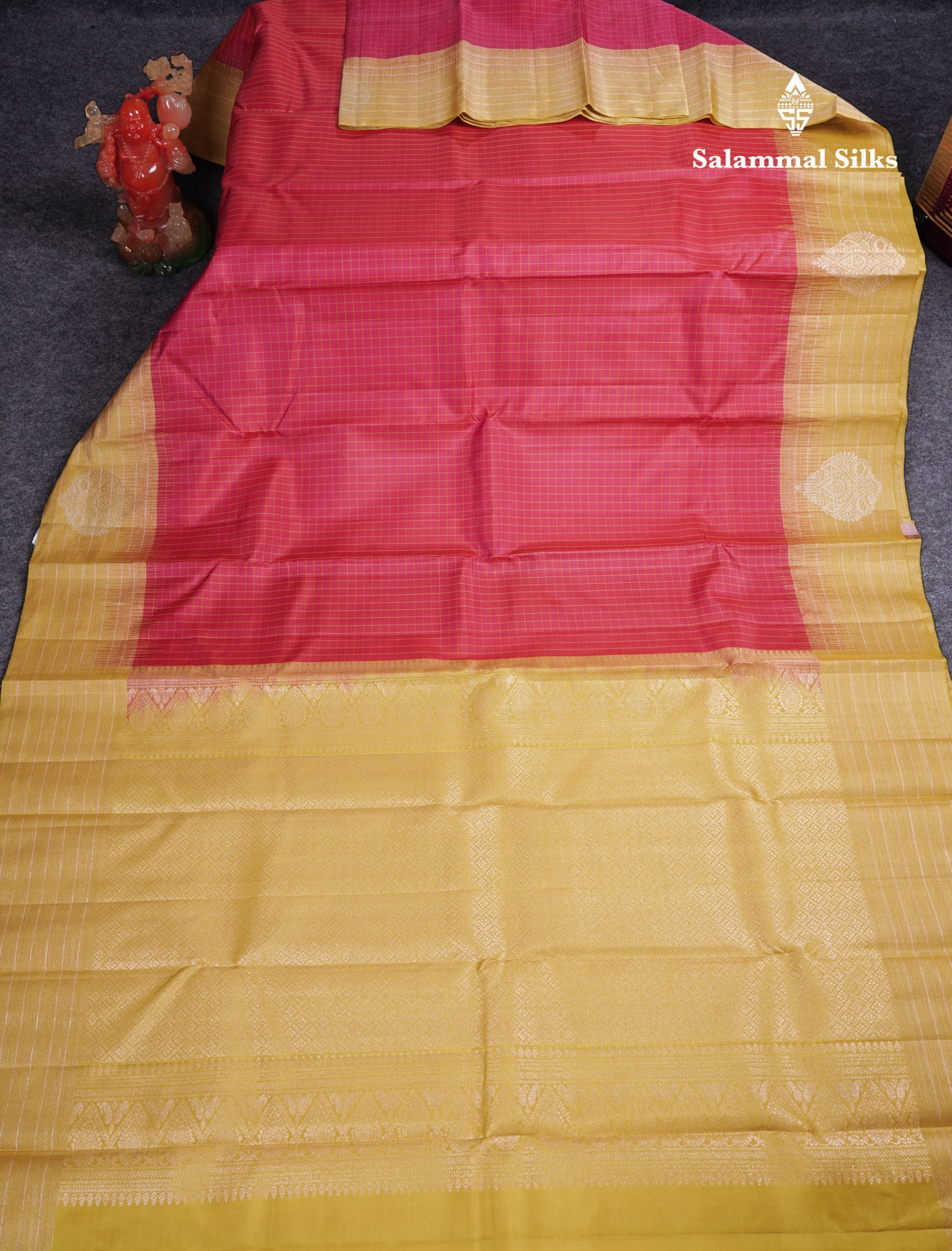 Beautiful Reddish Pink Small Checks Pure Kanjivaram Silk Saree With Contrast Manthulir Green Border