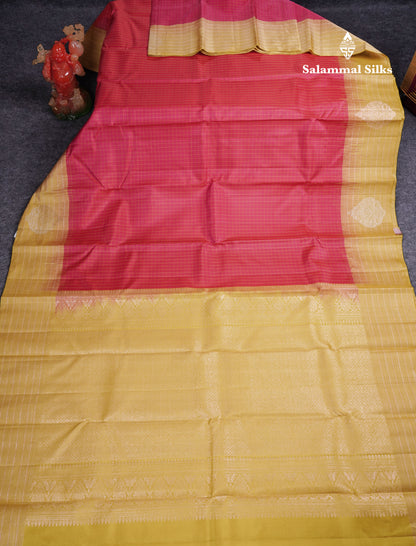 Beautiful Reddish Pink Small Checks Pure Kanjivaram Silk Saree With Contrast Manthulir Green Border