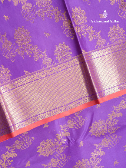Lavender Bridal Pure Kanjivaram Silk Saree With Contrast Rust Orange Blouse