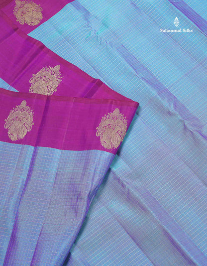 Pure Kanjivaram Silk Saree - Dual Tone Blue Colour Body Checks With Contrast Magenta Fancy Border