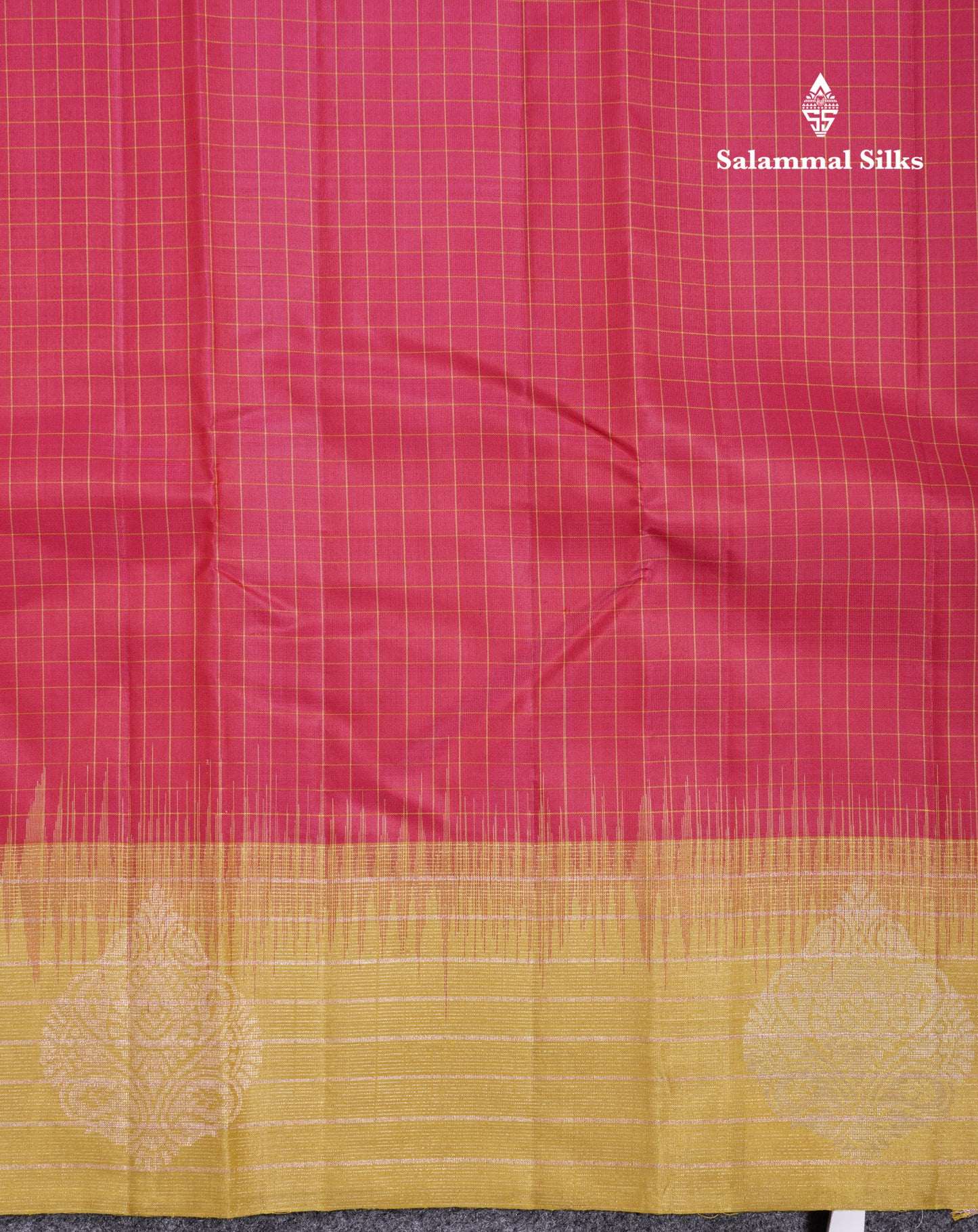 Beautiful Reddish Pink Small Checks Pure Kanjivaram Silk Saree With Contrast Manthulir Green Border